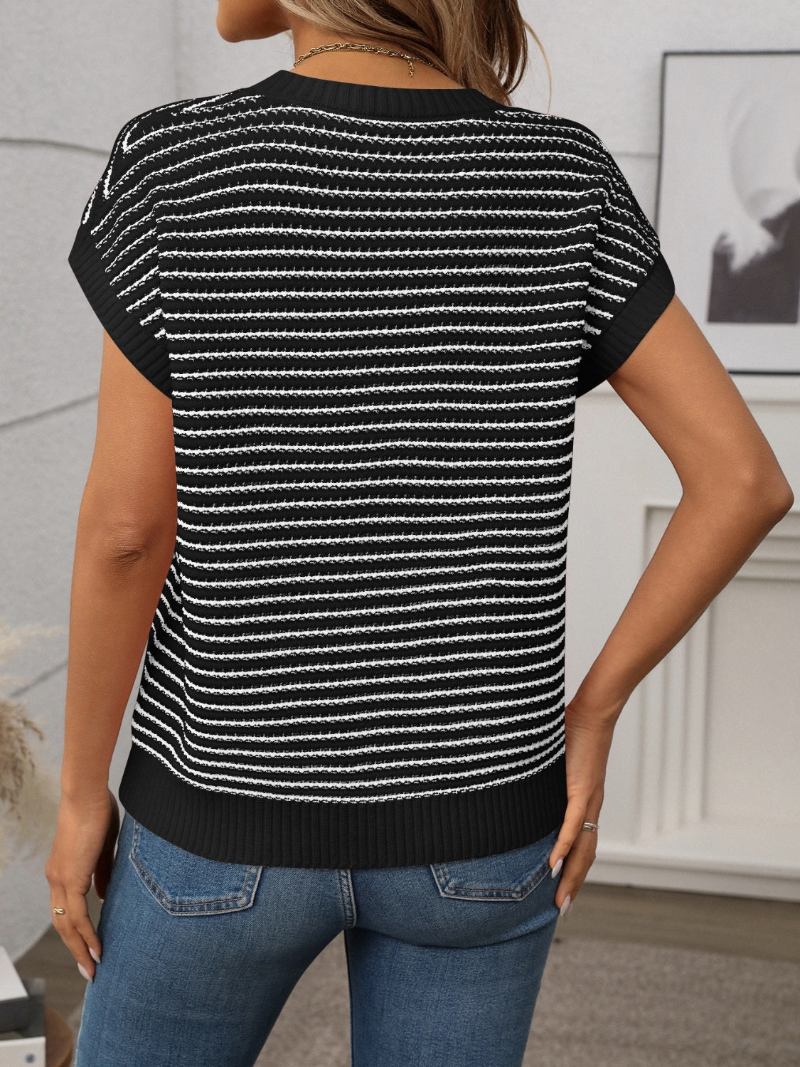 Striped Round Neck Short Sleeve Knit Top - felvior