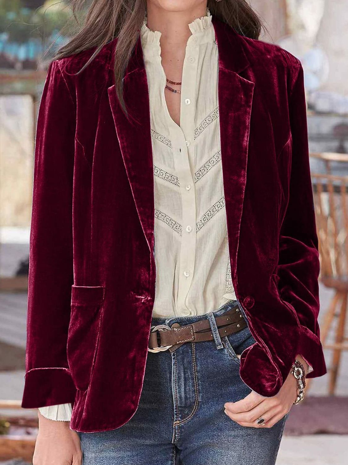 Pocketed Button Up Lapel Collar Blazer - felvior