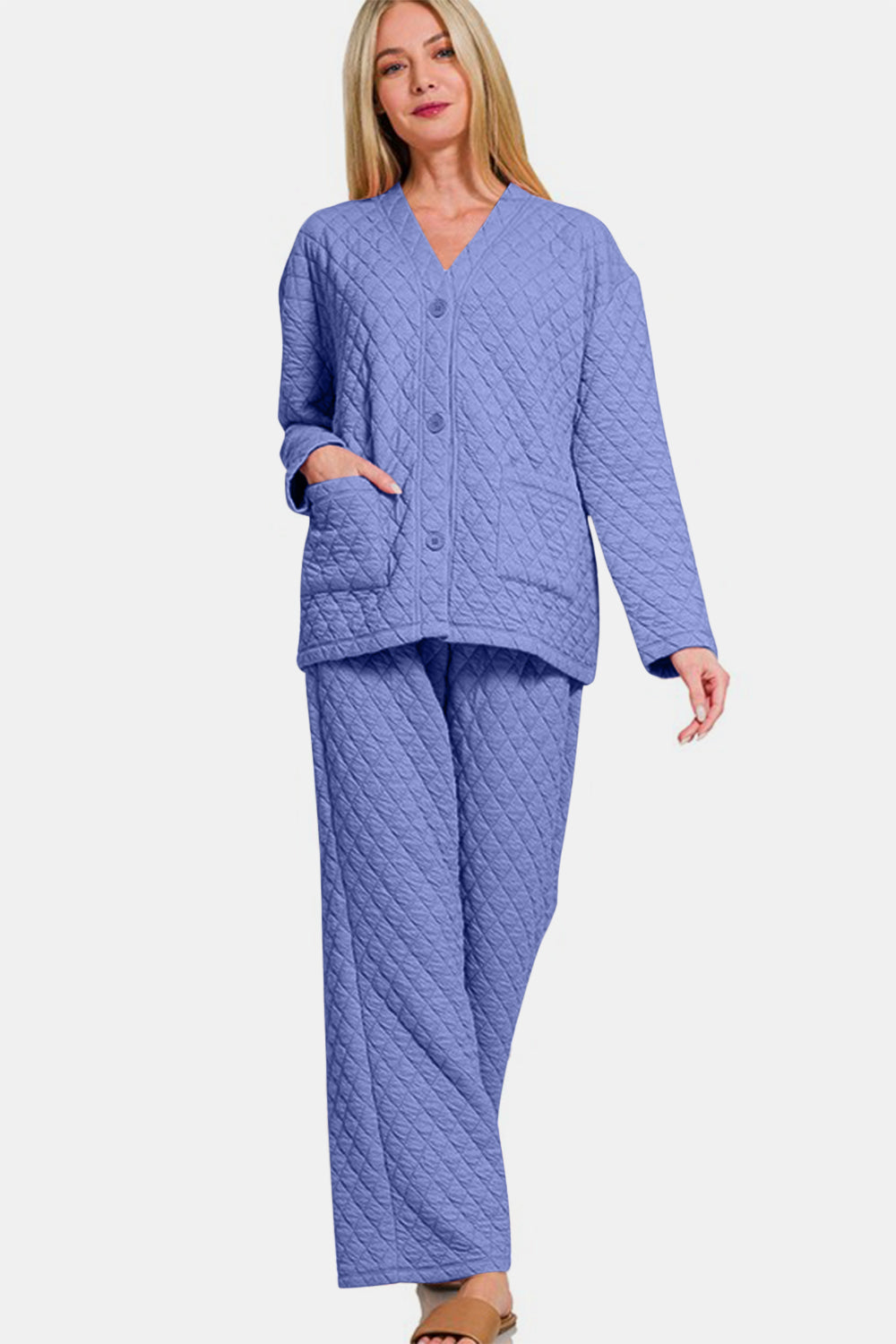 Zenana Quilted Button Up Long Sleeve Top and Pants Lounge Set - felvior