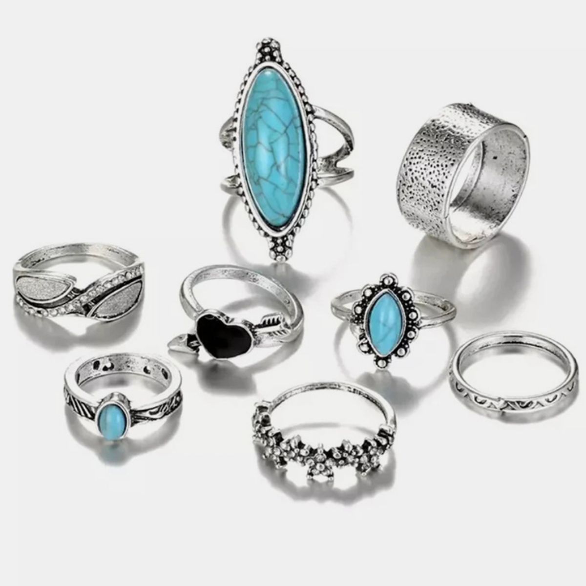 Turquoise Alloy 8-Piece Ring Set - felvior