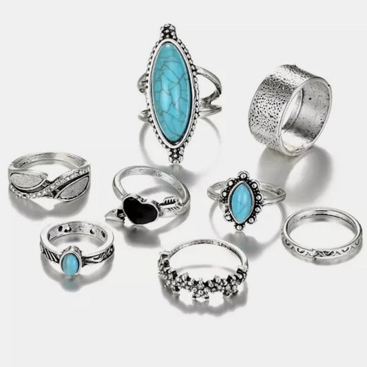 Turquoise Alloy 8-Piece Ring Set - felvior