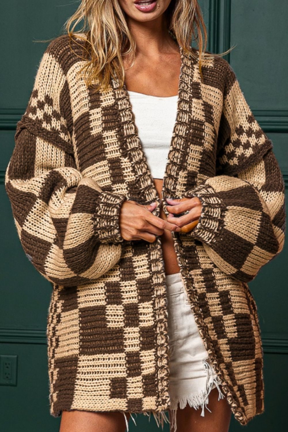 Checkered Open Front Long Sleeve Cardigan - felvior