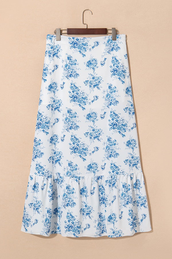 Split Asymmetrical Ruffled Printed Skirt - felvior