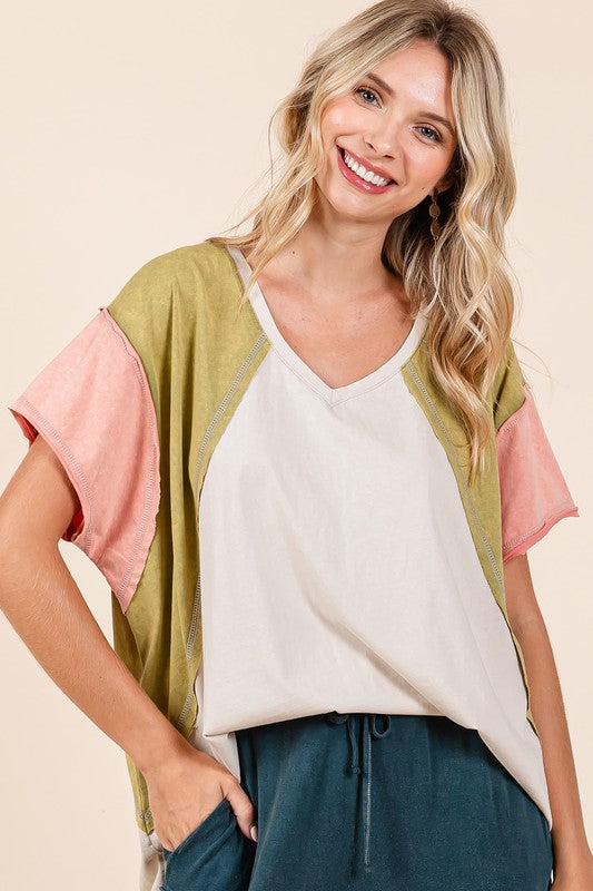 Mittoshop Color Block V-Neck Short Sleeve T-Shirt - felvior