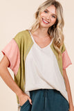 Mittoshop Color Block V-Neck Short Sleeve T-Shirt - felvior