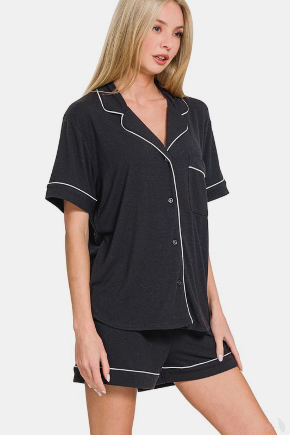 Zenana Button Down Short Sleeve Top and Shorts Lounge Set - felvior