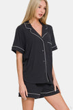 Zenana Button Down Short Sleeve Top and Shorts Lounge Set - felvior