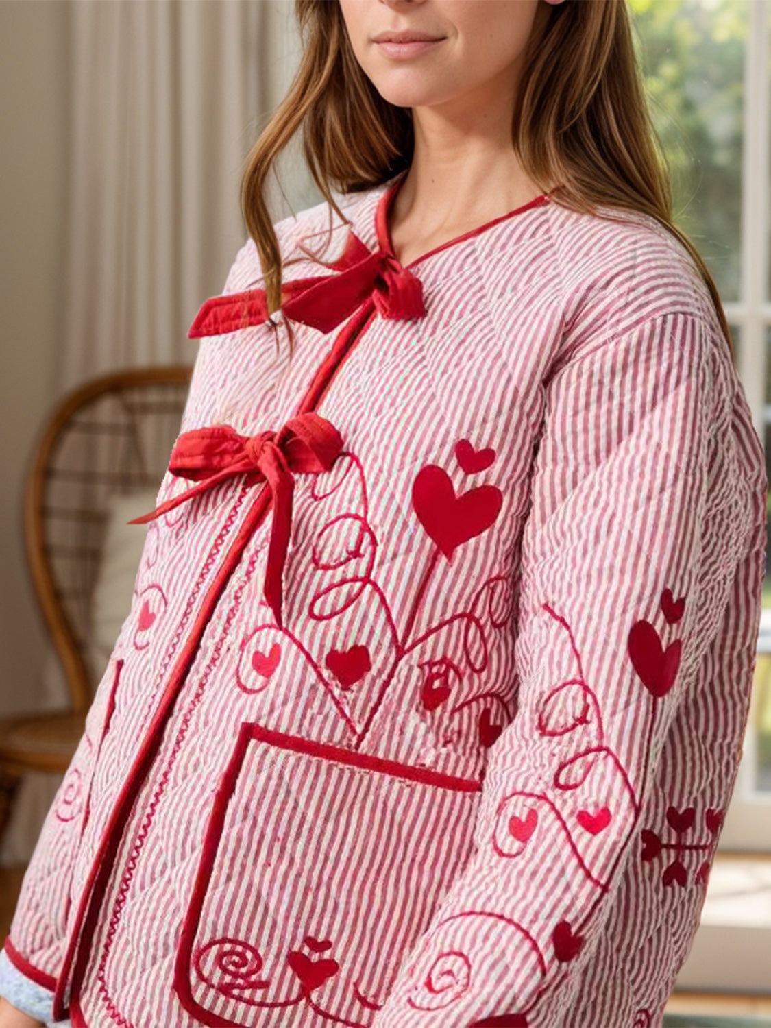 Embroidered Tied Striped Round Neck Coat - felvior