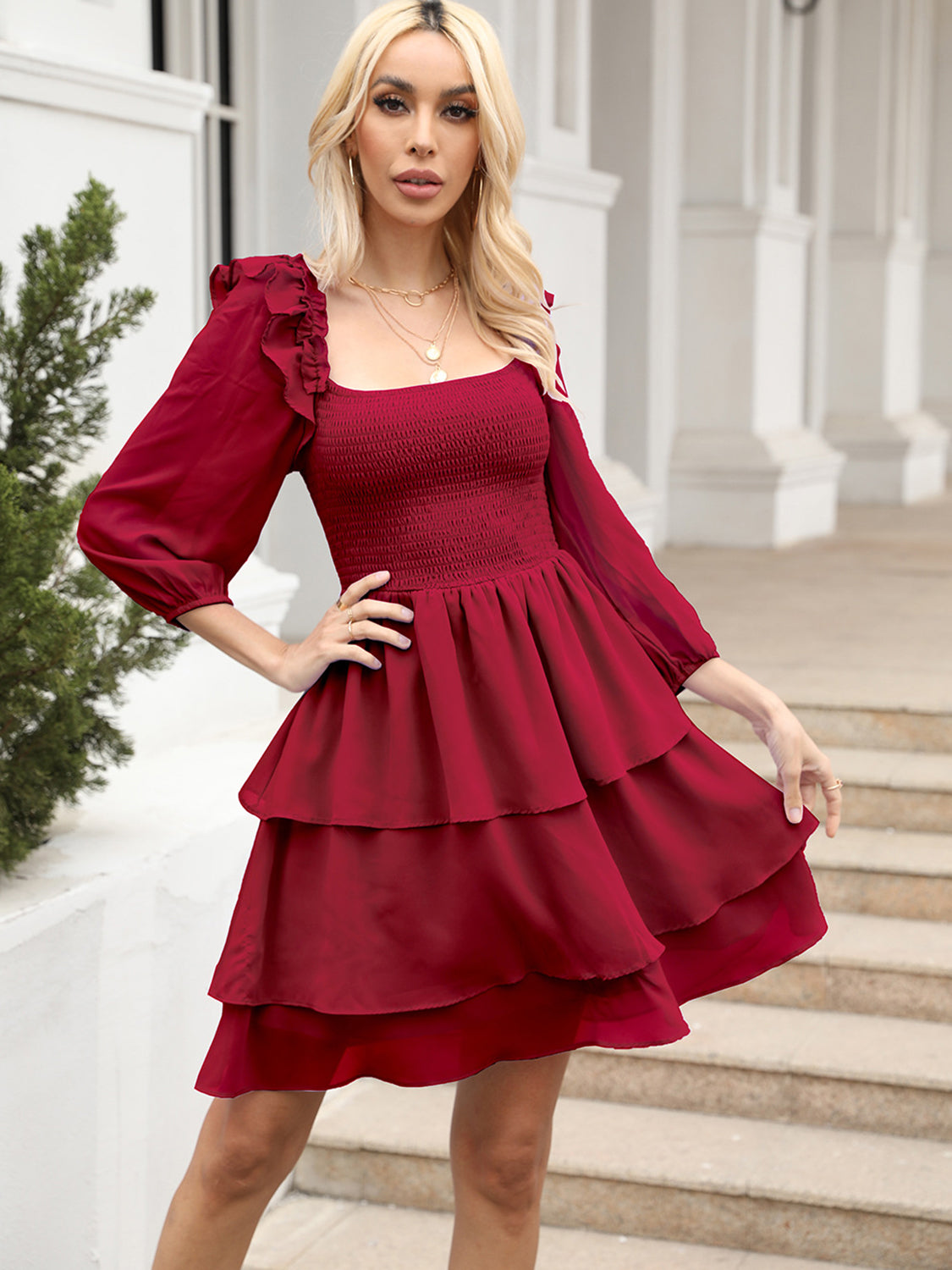 Smocked Square Neck Layered Dress - felvior