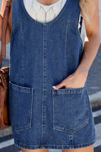 Scoop Neck Denim Overall Dress with Pockets