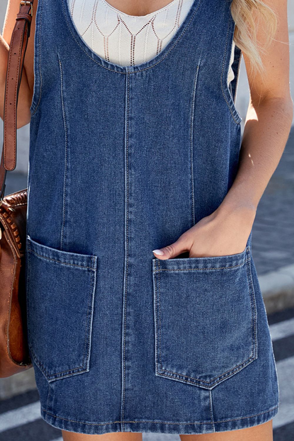 Scoop Neck Denim Overall Dress with Pockets - felvior