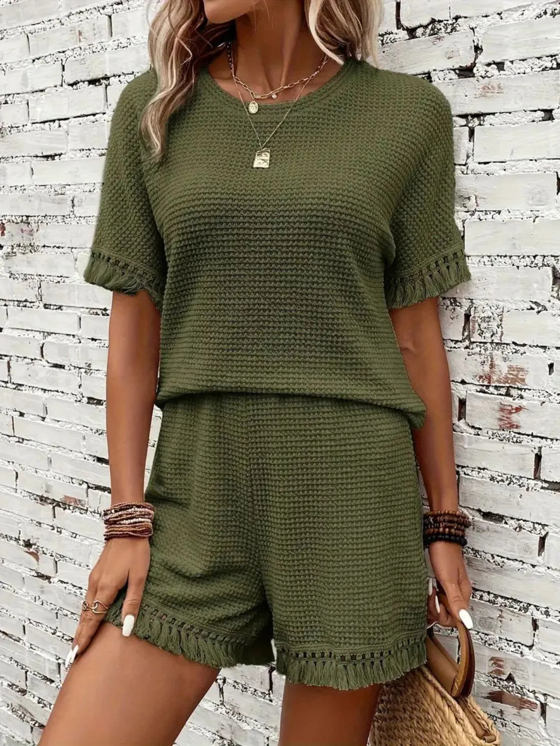 Tassel Round Neck Top and Shorts Set - felvior