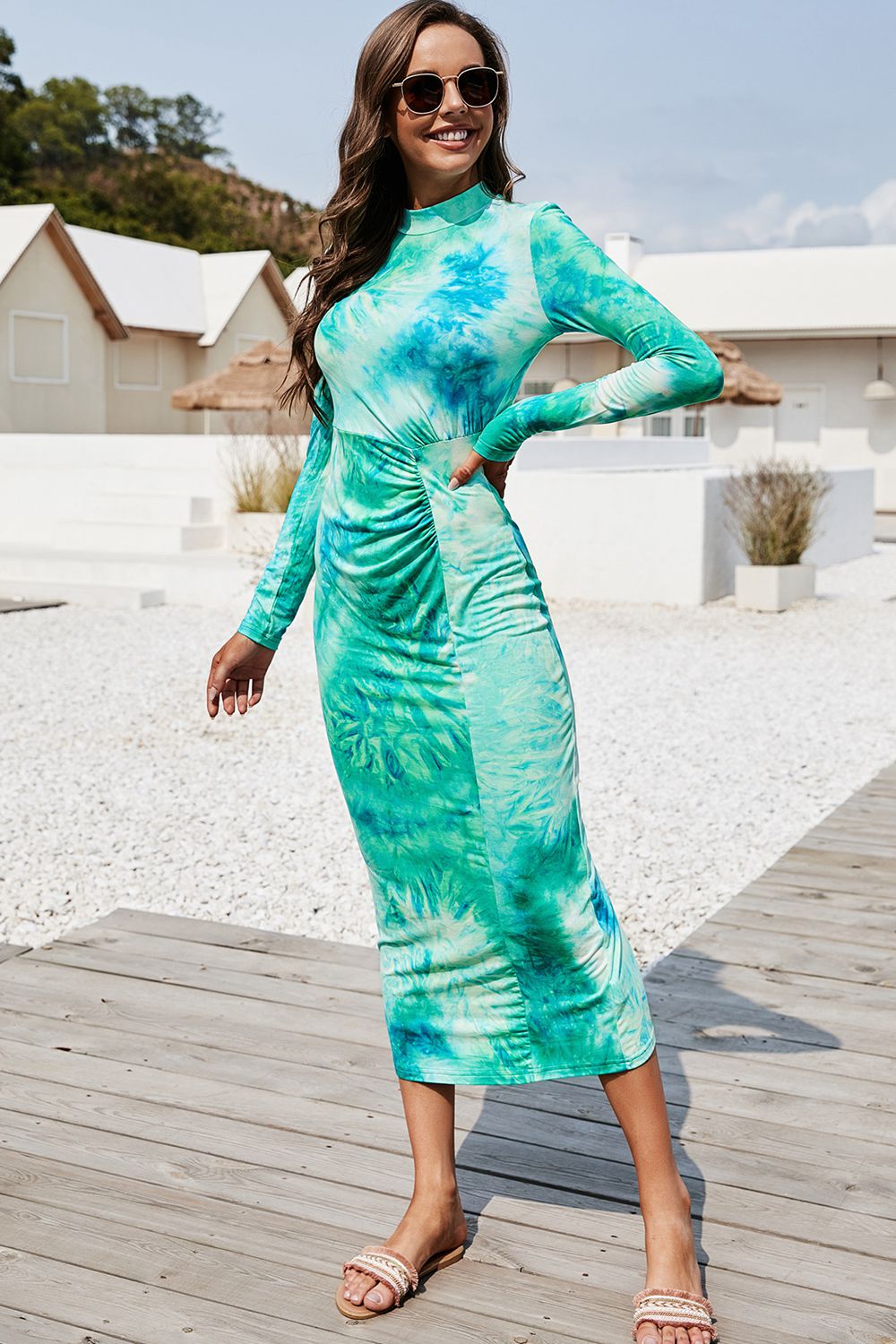 Tie Dye Mock Neck Long Sleeve Dress - felvior