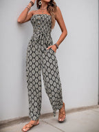 Perfee Printed Smocked Sleeveless Jumpsuit