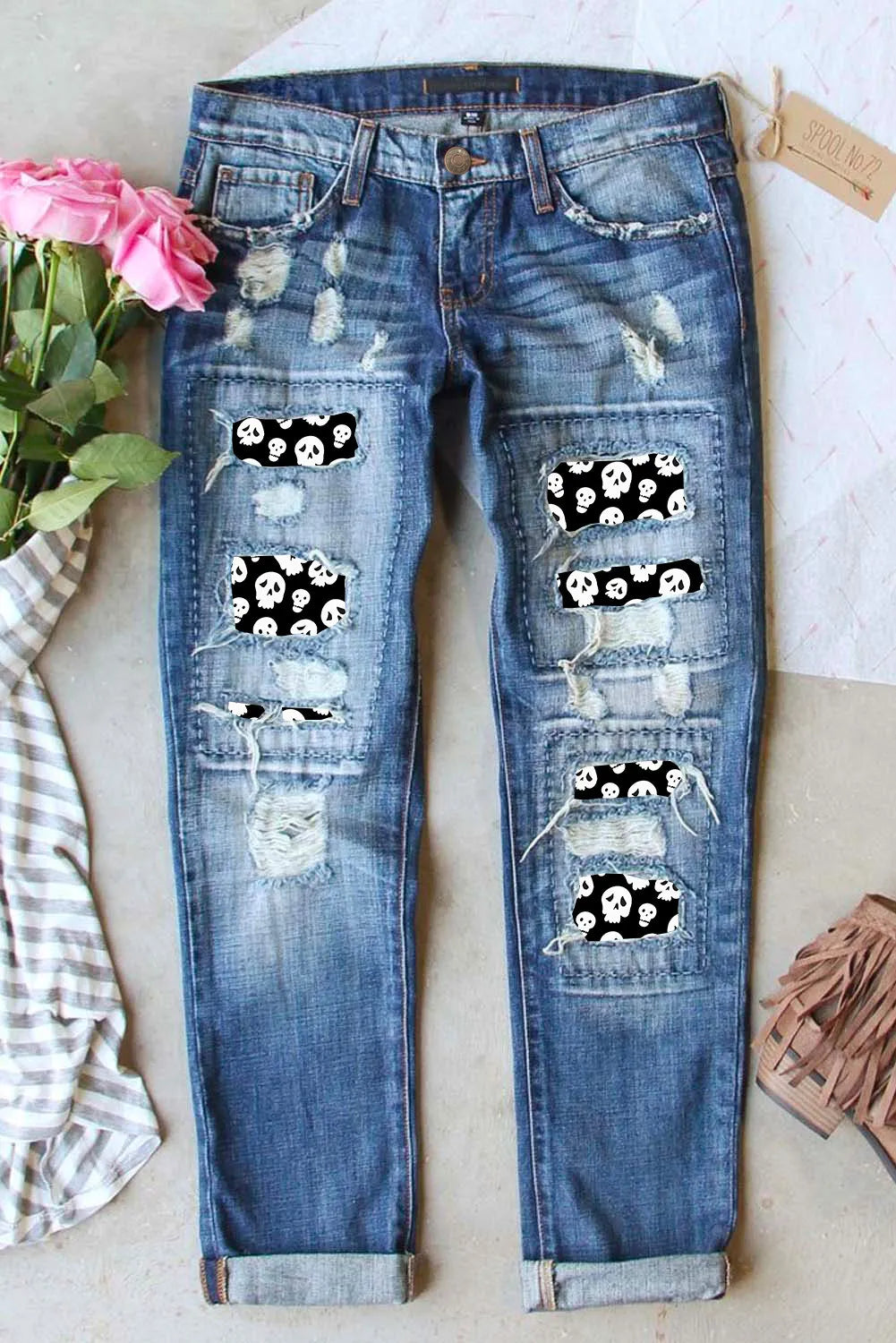 Distressed Skeleton Pattern Jeans with Pockets - felvior