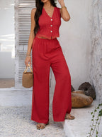 Devine Button Down Lace Detail Vest and Pants Set