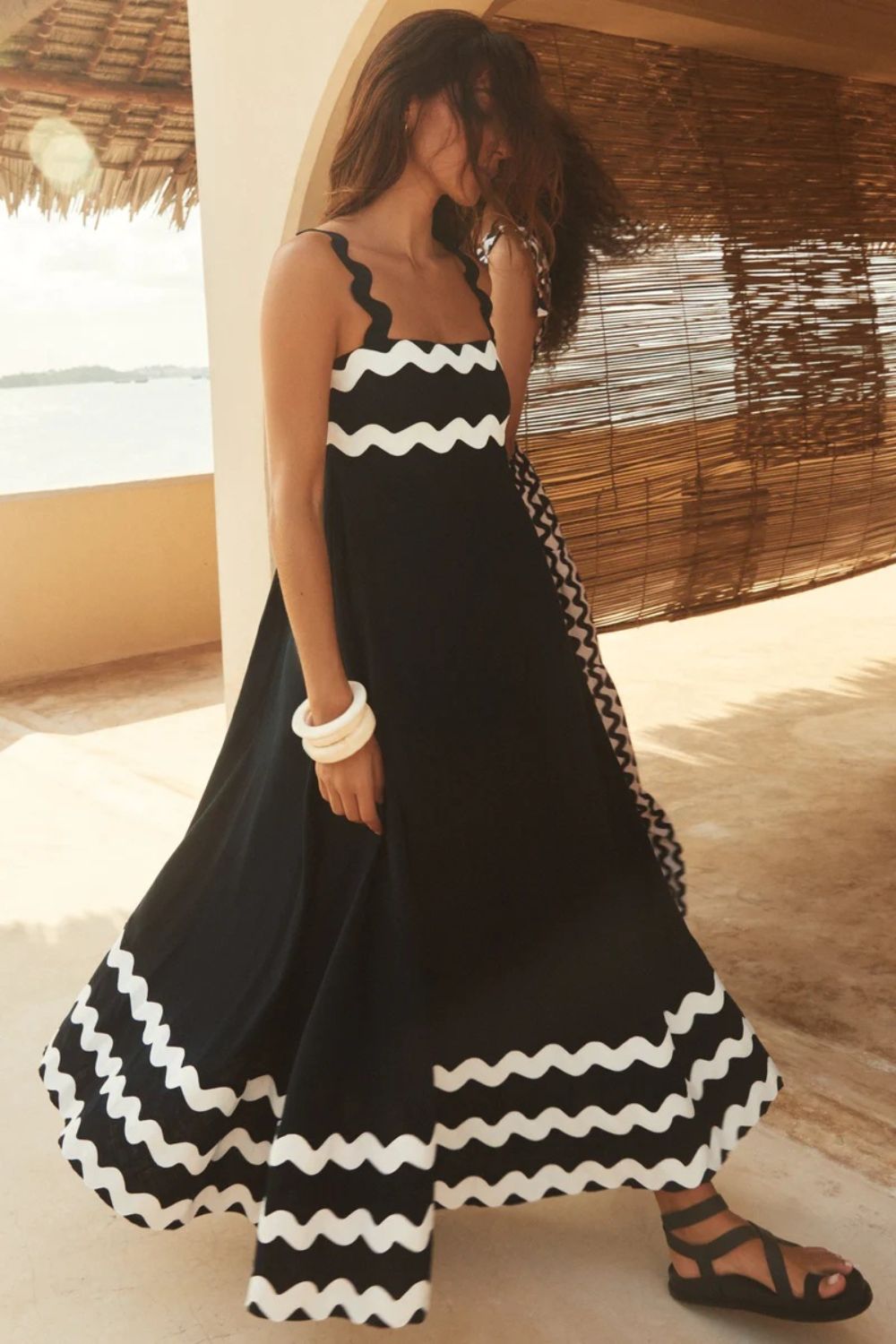 Contrast Trim Square Neck Wide Strap Dress - felvior