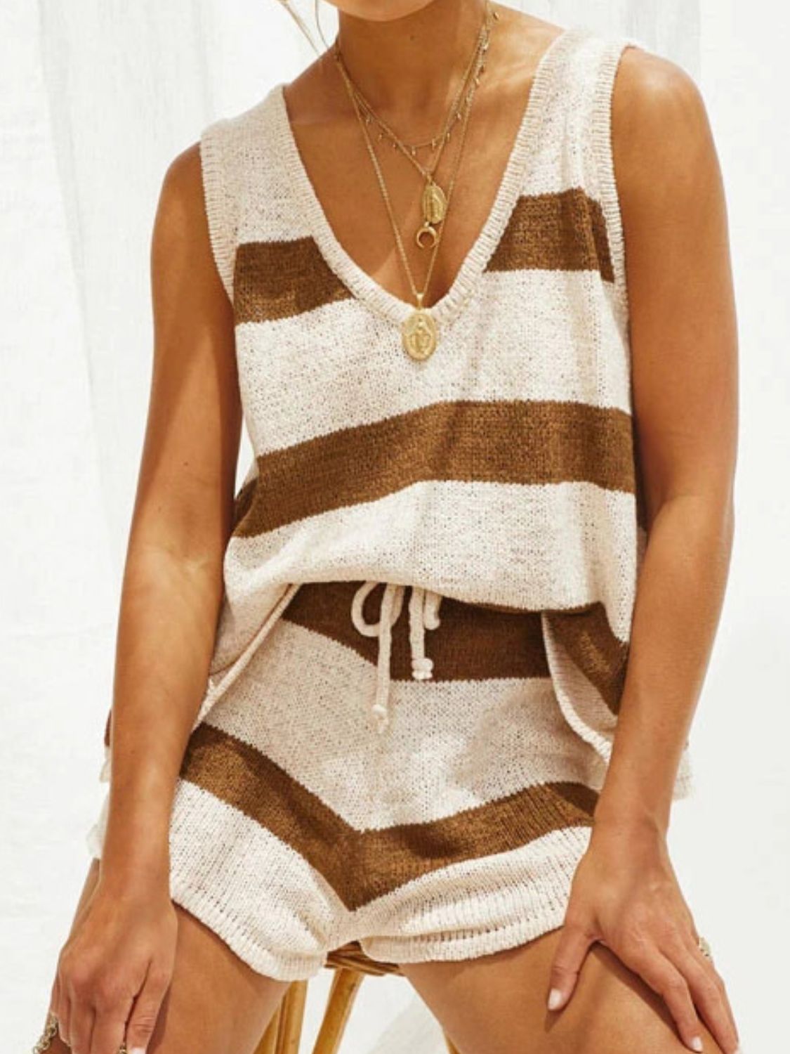 V-Neck Sleeveless Top and Drawstring Shorts Sweater Set - felvior