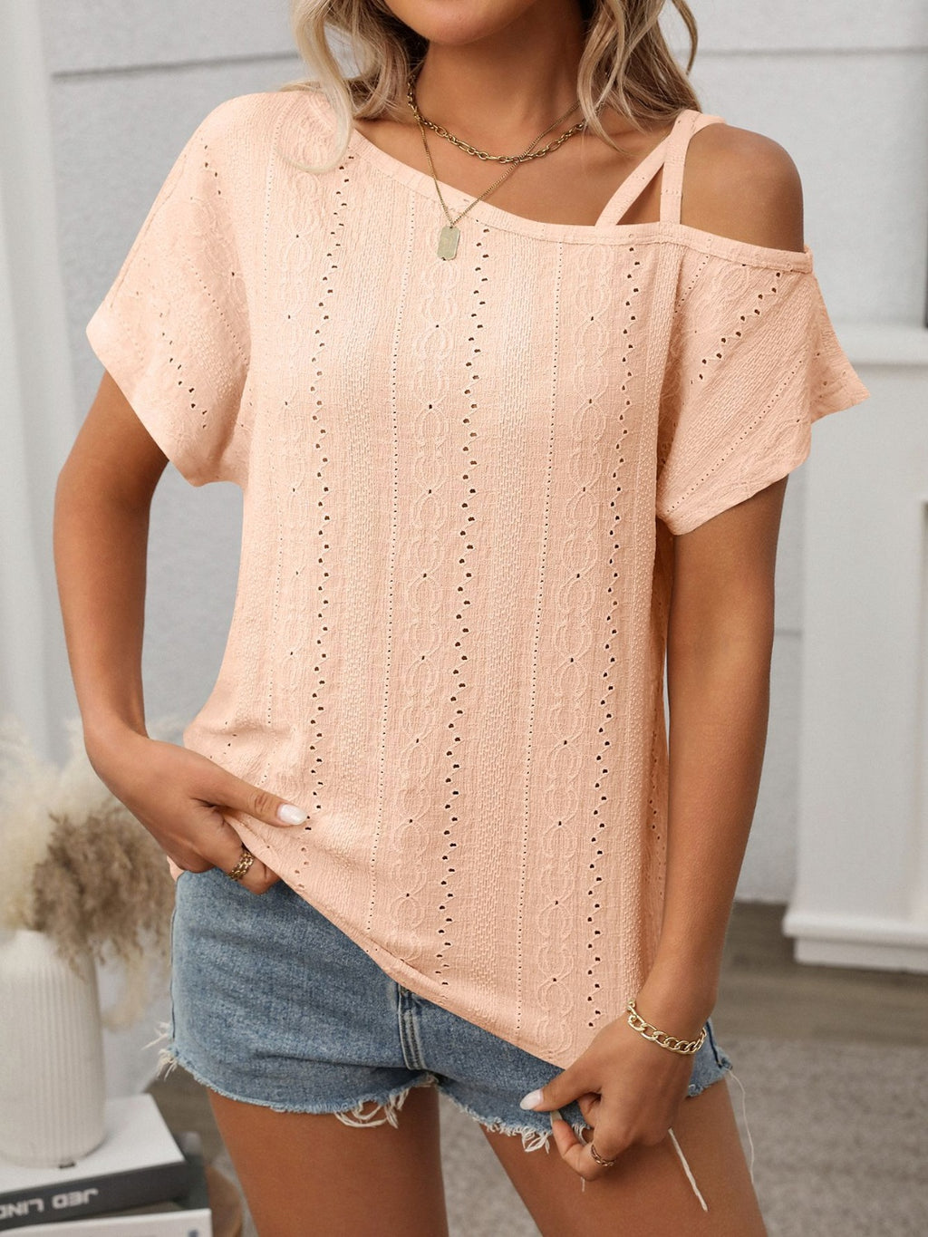 Eyelet Asymmetrical Shoulder Short Sleeve T-Shirt