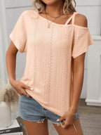 Eyelet Asymmetrical Shoulder Short Sleeve T-Shirt