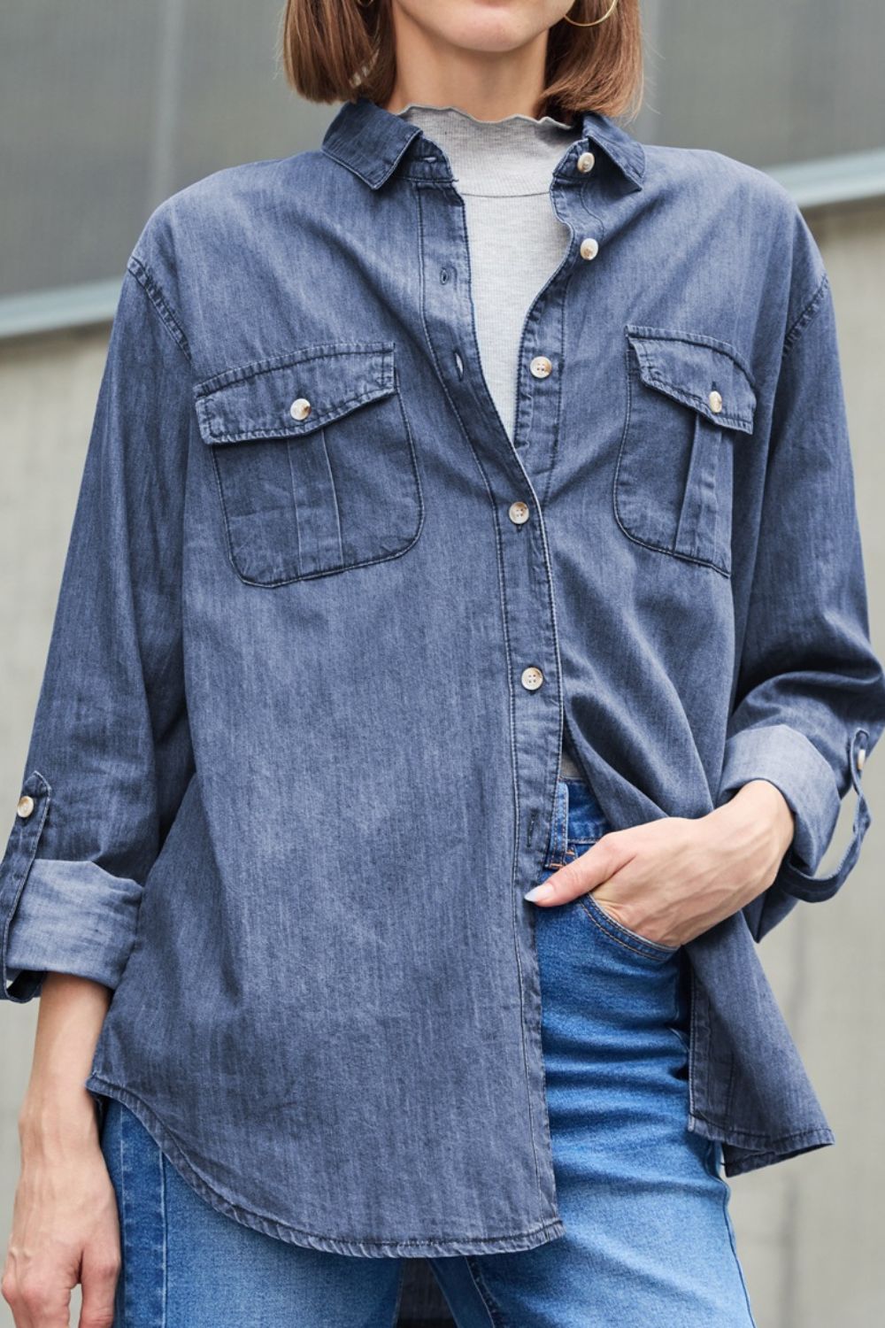 Pocketed Collared Neck Long Sleeve Denim Top - felvior