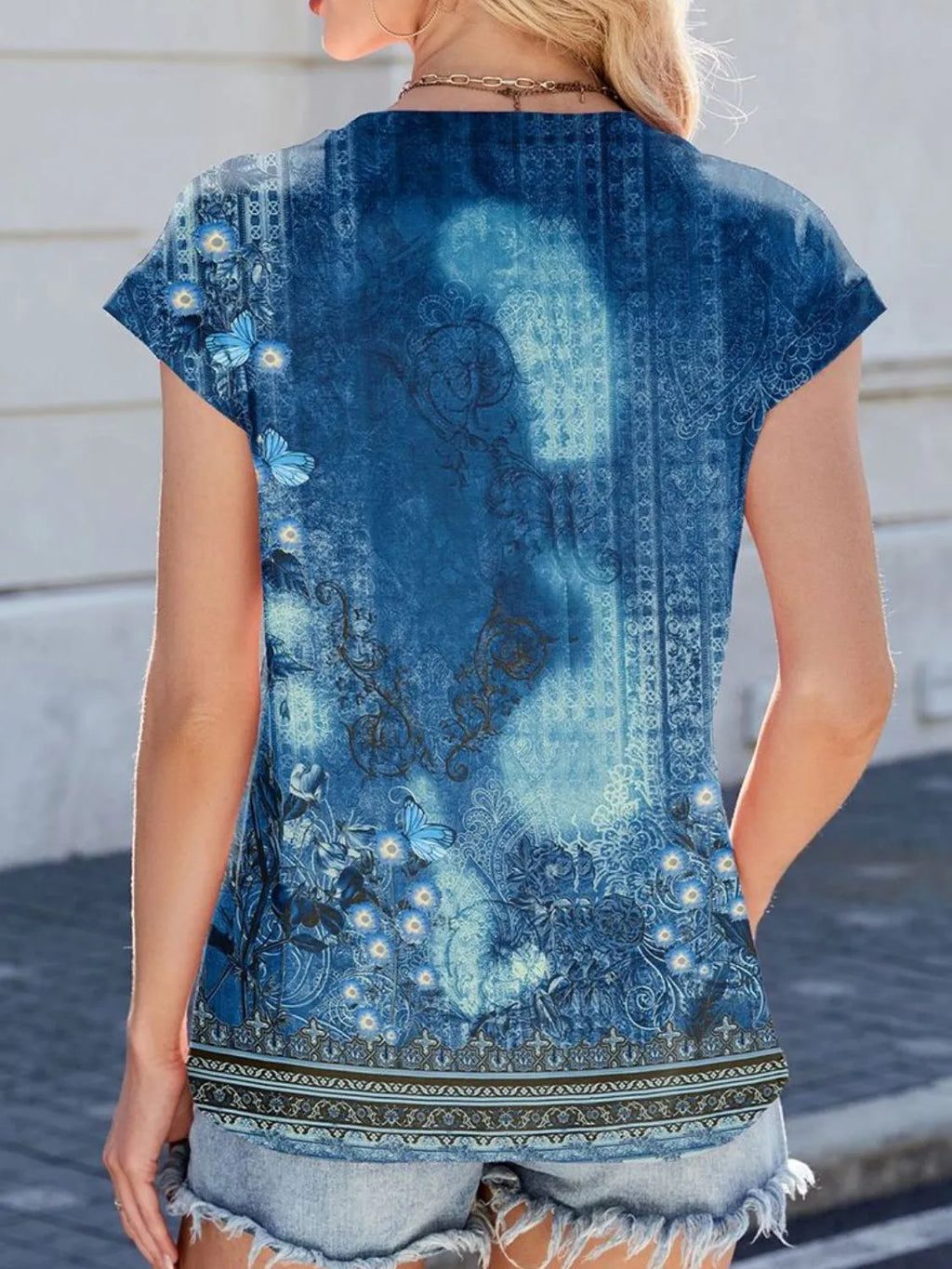 Printed Round Neck Cap Sleeve Top