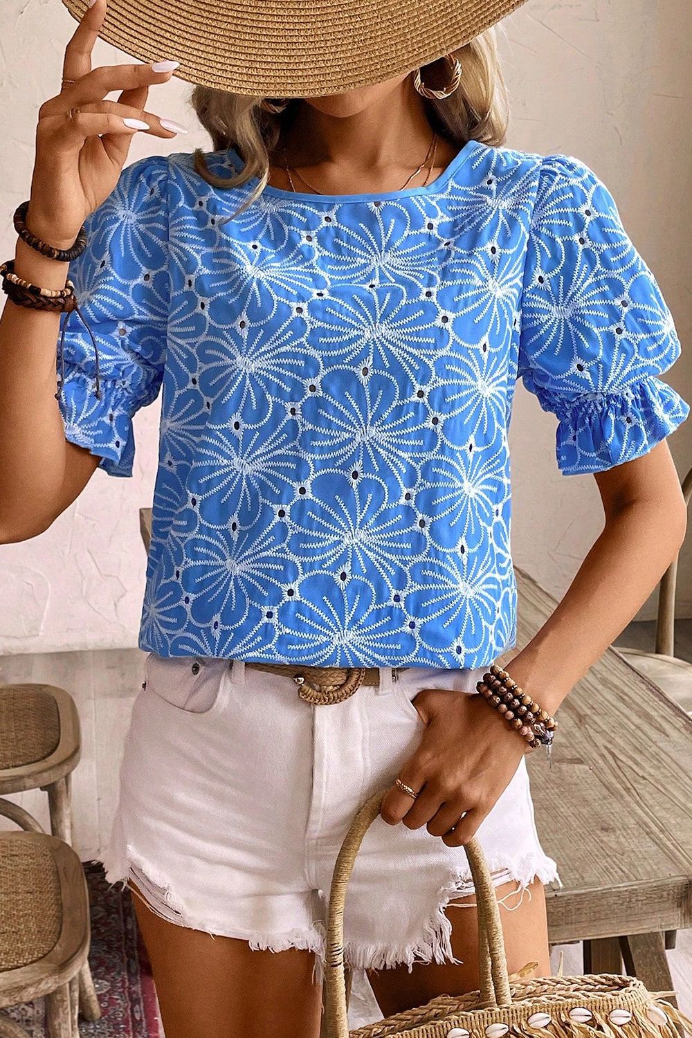 Eyelet Flower Embroidery Flounce Sleeve Blouse - felvior