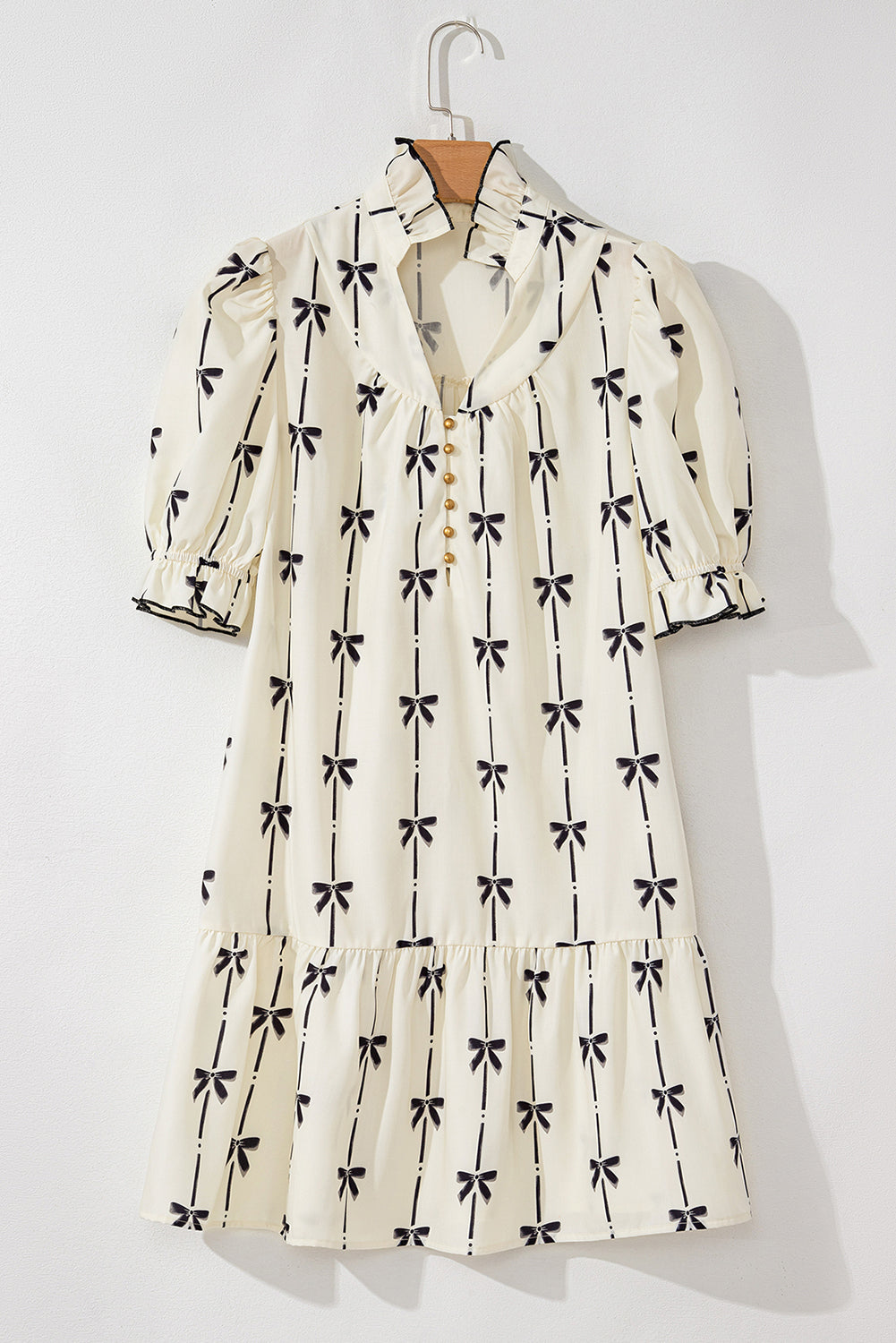 Frill Bow Print Notched Short Sleeve Mini Dress - felvior