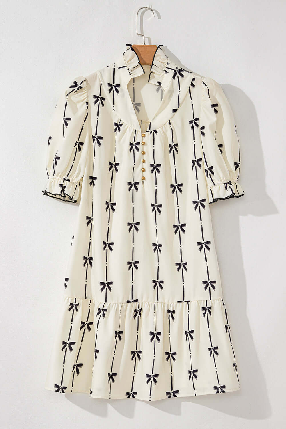 Frill Bow Print Notched Short Sleeve Mini Dress