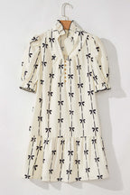 Frill Bow Print Notched Short Sleeve Mini Dress