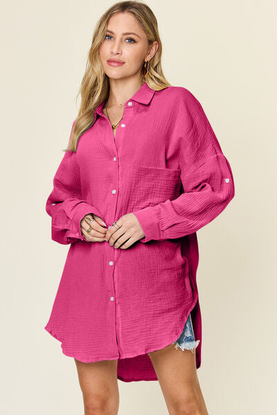Double Take Full Size Pocketed Texture Button Up Shirt - felvior