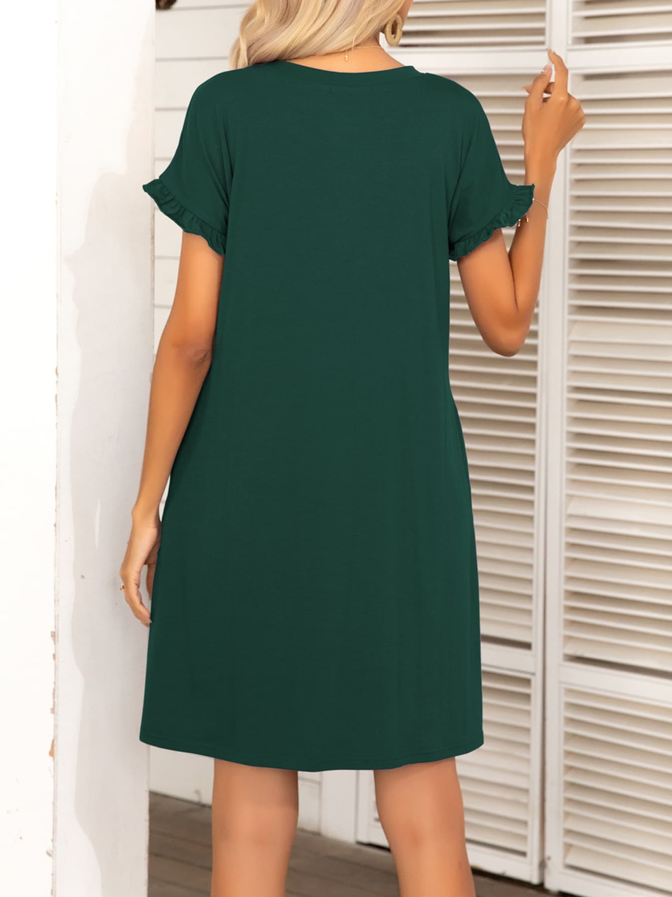 Round Neck Flounce Sleeve Dress with Pockets - felvior