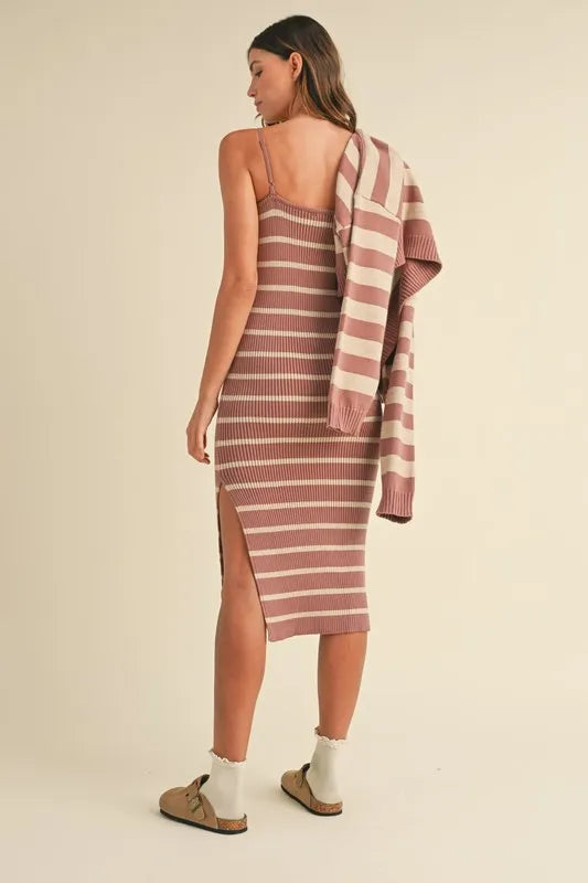 MABLE Stripe Crop Cardigan and Bodycon Dress Sweater Set - felvior