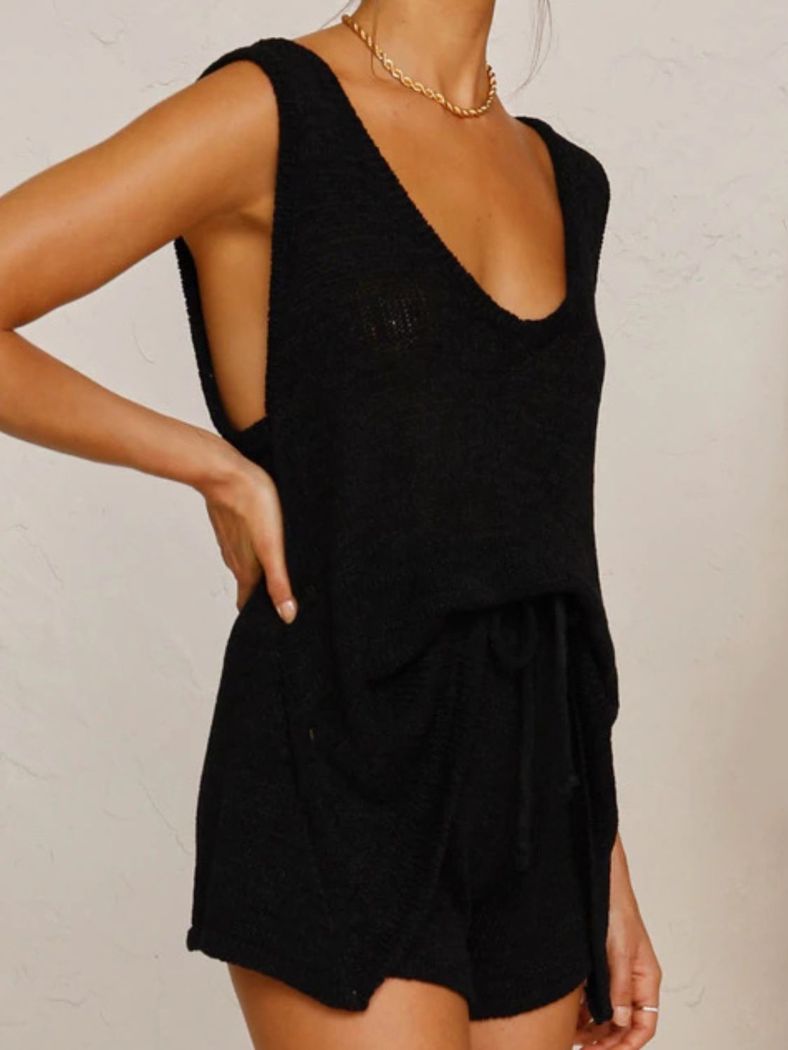 V-Neck Sleeveless Top and Drawstring Shorts Sweater Set - felvior