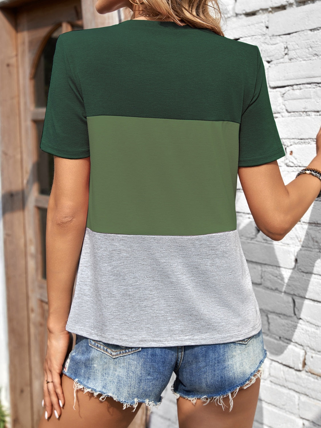 Color Block Round Neck Short Sleeve T-Shirt - felvior