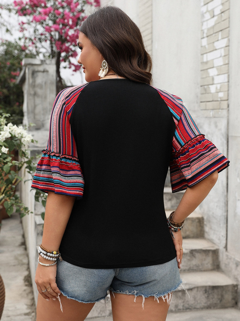 Plus Size V-Neck Flounce Sleeve Top