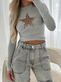 Devine Star Round Neck Long Sleeve T-Shirt - felvior