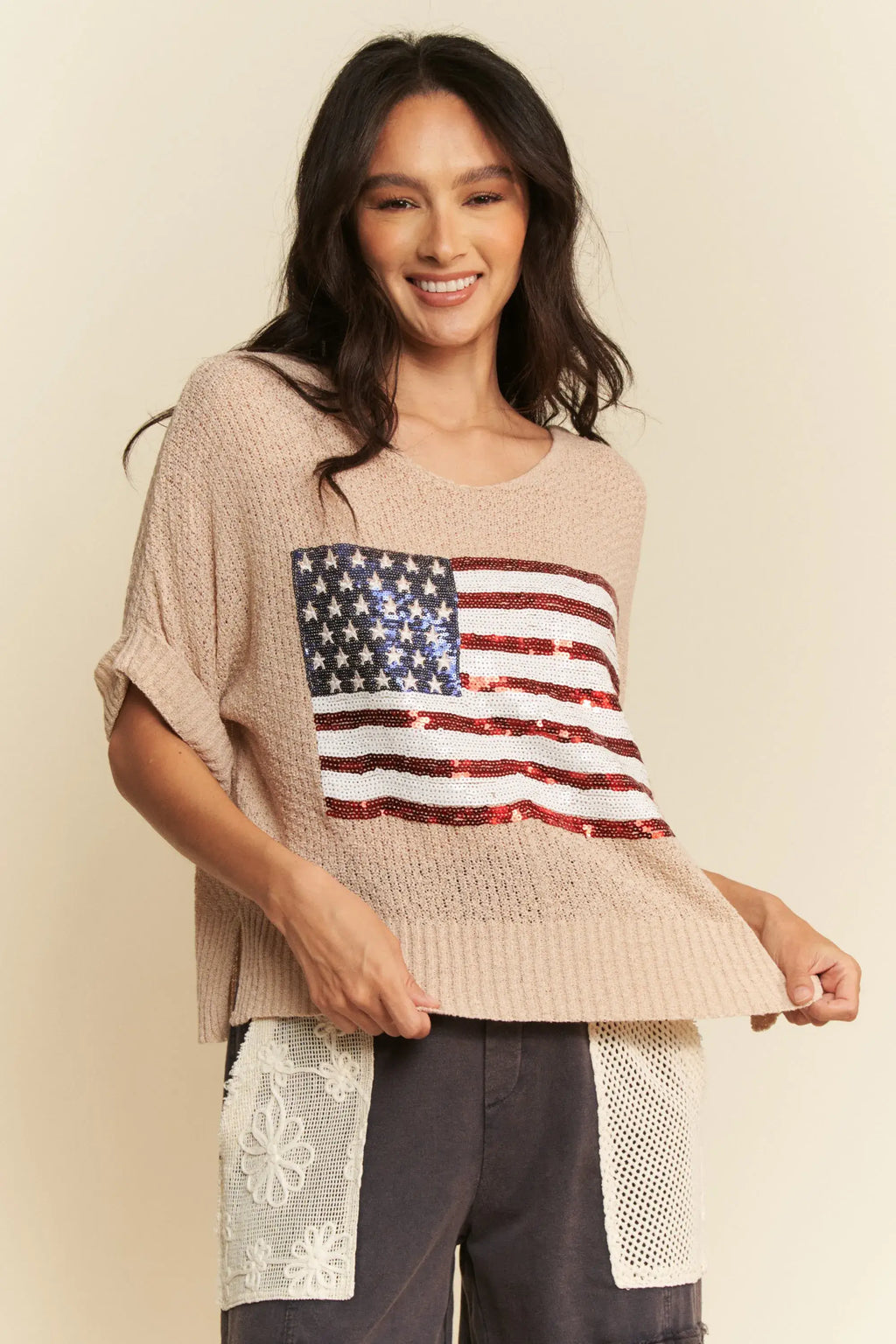 Davi & Dani Sequin American Flag Patch Short Sleeve Knit Top