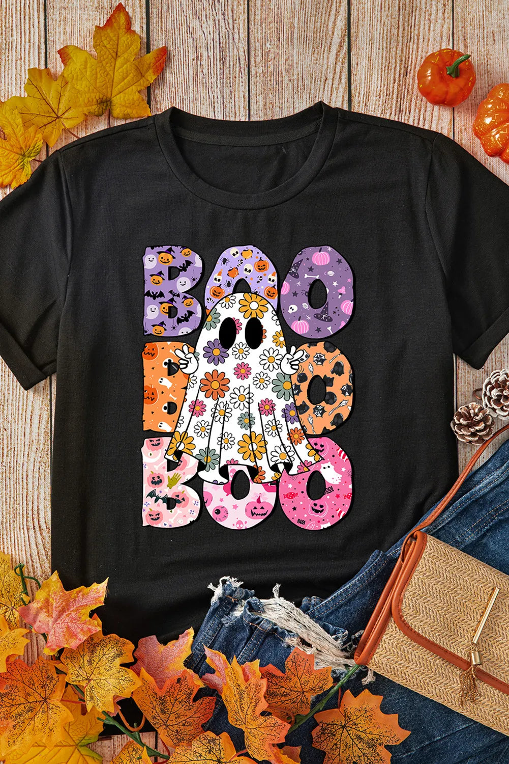 BOO Ghost Graphic Round Neck Short Sleeve T-Shirt - felvior