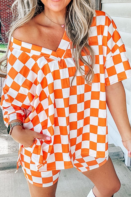 Checkerboard V Neck Loose Tee and Shorts Set - felvior