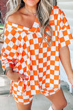 Checkerboard V Neck Loose Tee and Shorts Set - felvior