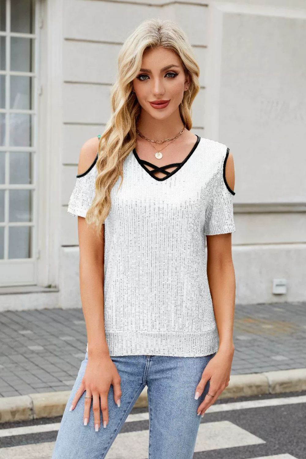 Sequin Crisscross V-Neck Cold Shoulder Blouse