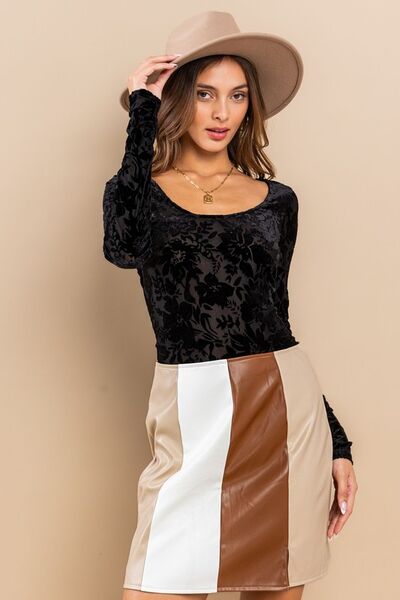 Ces Femme Velvet Floral Long Sleeve Bodysuit - felvior