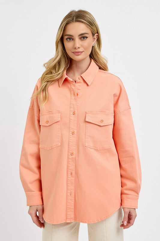 RISEN Full Size Button Down Long Sleeve Denim Shacket with Chest Pockets Plus Size Main image
