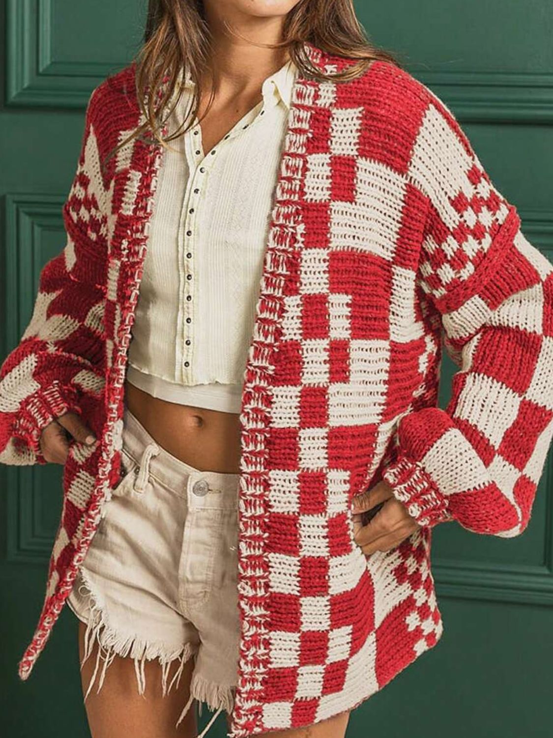 Checkered Open Front Long Sleeve Cardigan - felvior