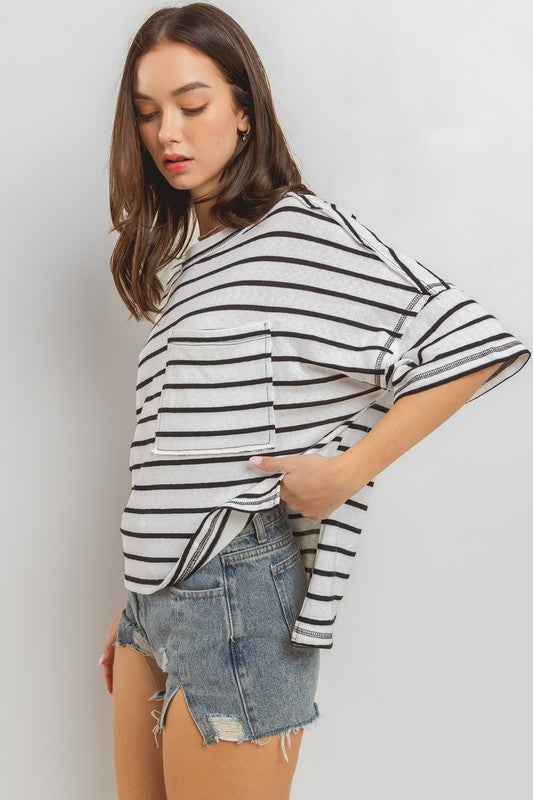 Ces Femme Side Slit Striped Round Neck Half Sleeve T-Shirt