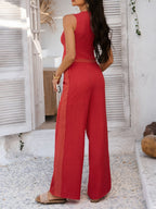 Devine Button Down Lace Detail Vest and Pants Set