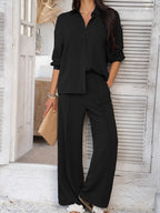 Devine Collared Neck Long Sleeve Top and Pants Set