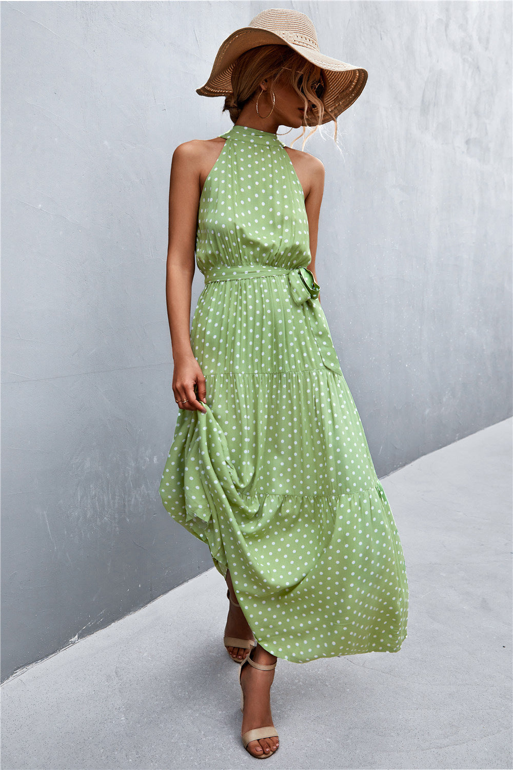 Printed Sleeveless Tie Waist Maxi Dress - felvior