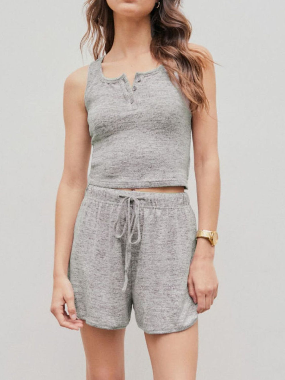 Quarter Button Sleeveless Top and Drawstring Shorts Lounge Set - felvior